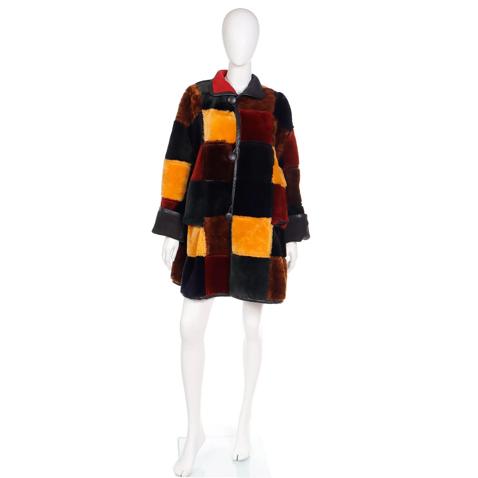 1980s Donna Karan Patchwork Shearling Reversible to Faux Fur Coat