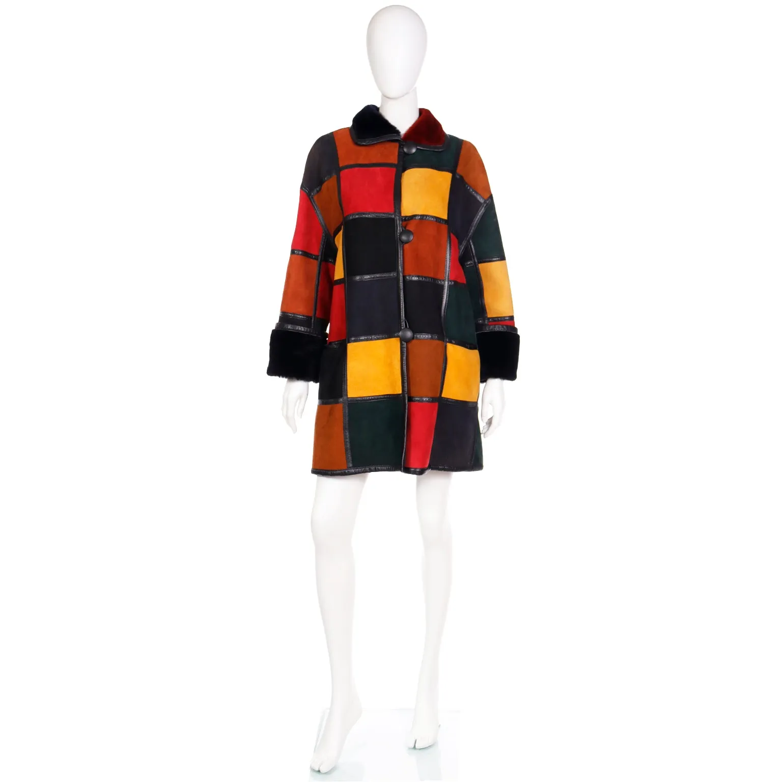 1980s Donna Karan Patchwork Shearling Reversible to Faux Fur Coat