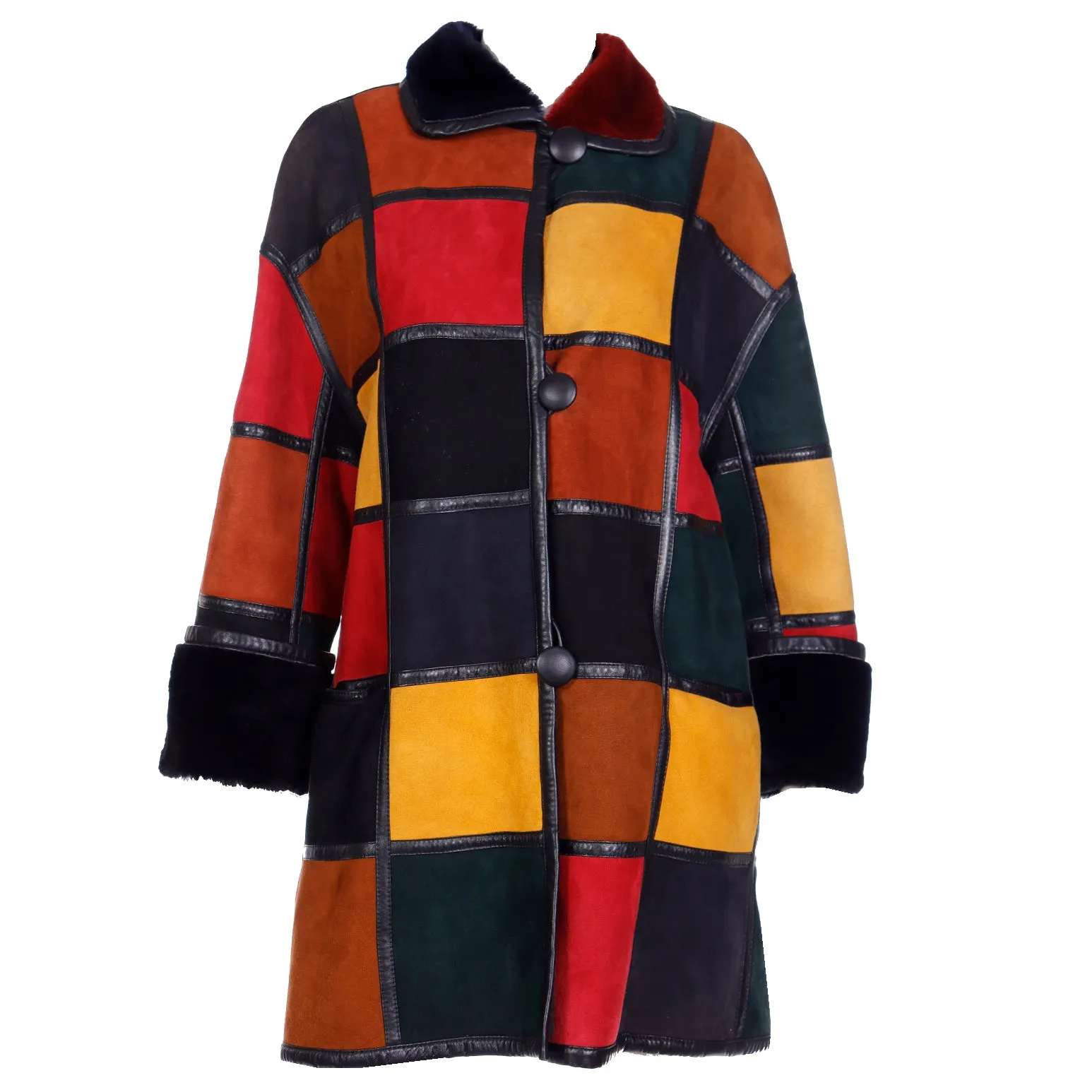 1980s Donna Karan Patchwork Shearling Reversible to Faux Fur Coat