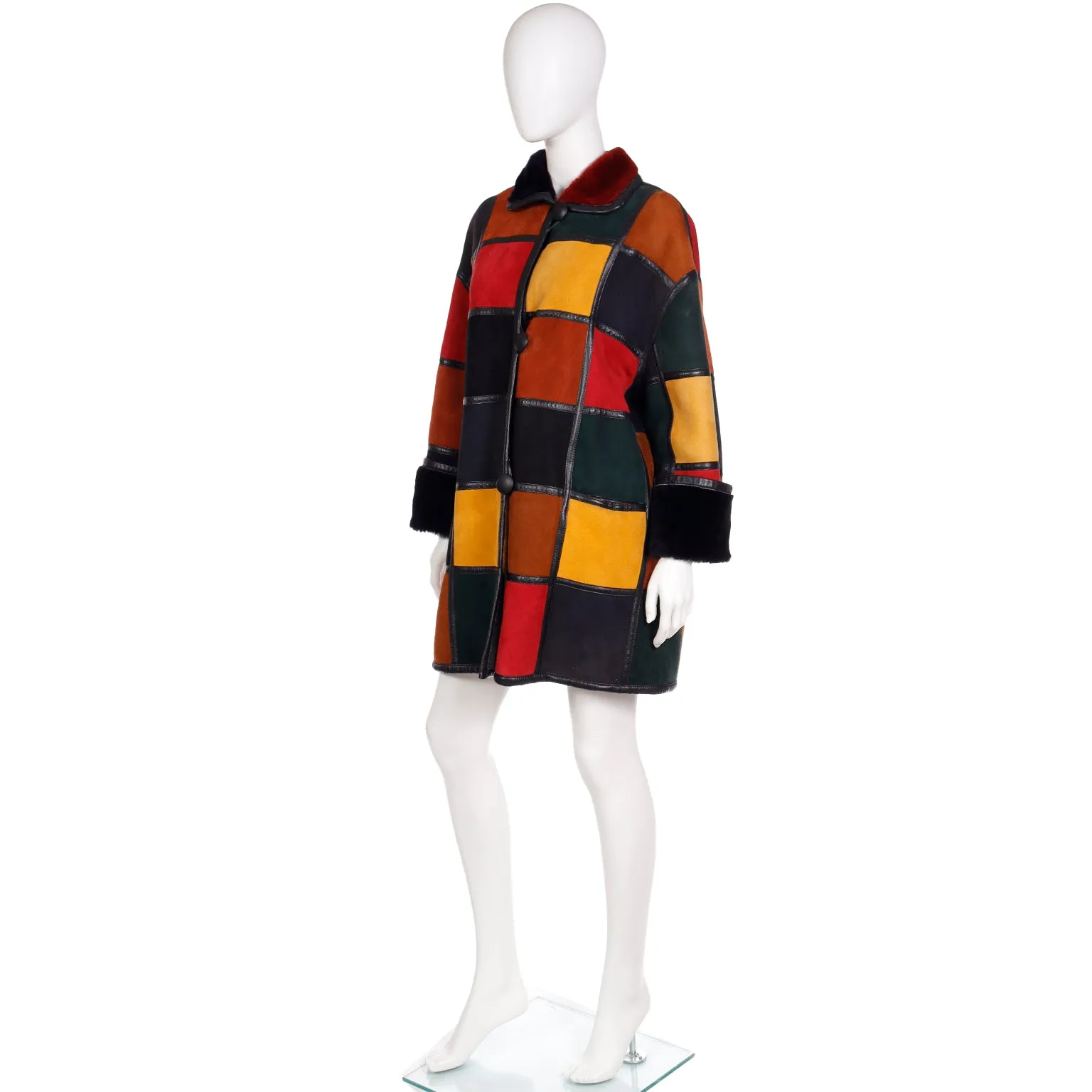 1980s Donna Karan Patchwork Shearling Reversible to Faux Fur Coat