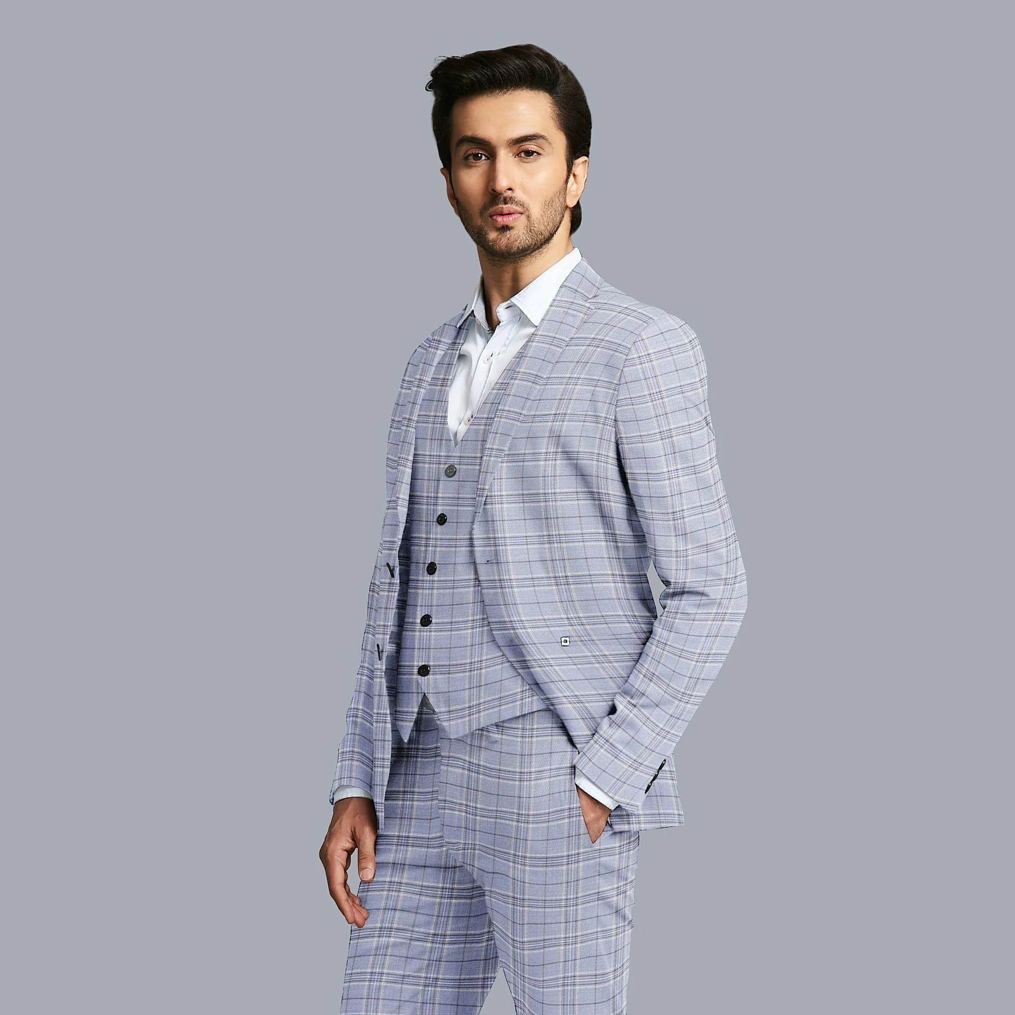 Baby blue Premium Italian super 130's all wool suiting fabric with pale brown, beige and blue checks design-D9451