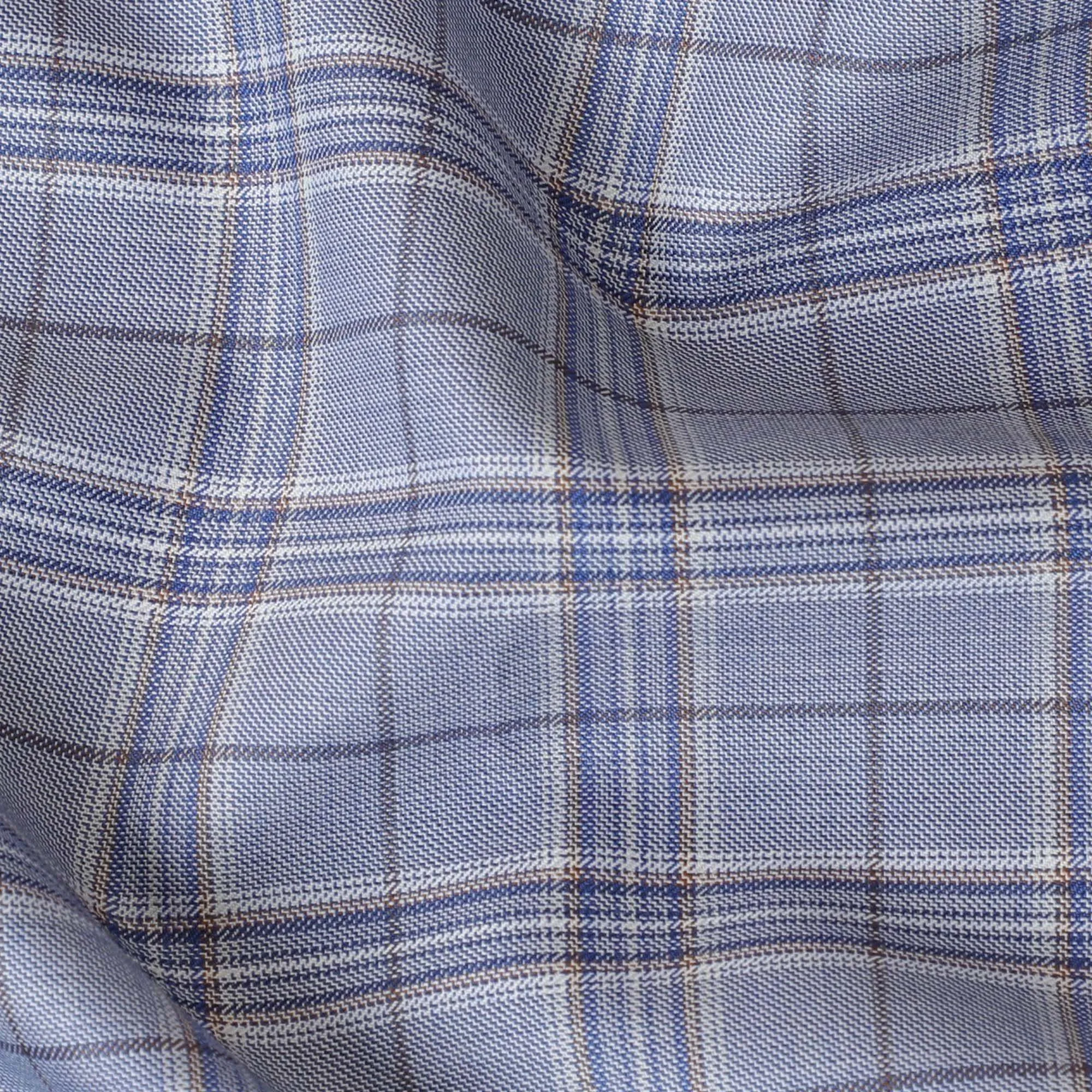 Baby blue Premium Italian super 130's all wool suiting fabric with pale brown, beige and blue checks design-D9451