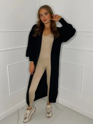 Balloon Sleeve Long Knitted Cardigan - Black