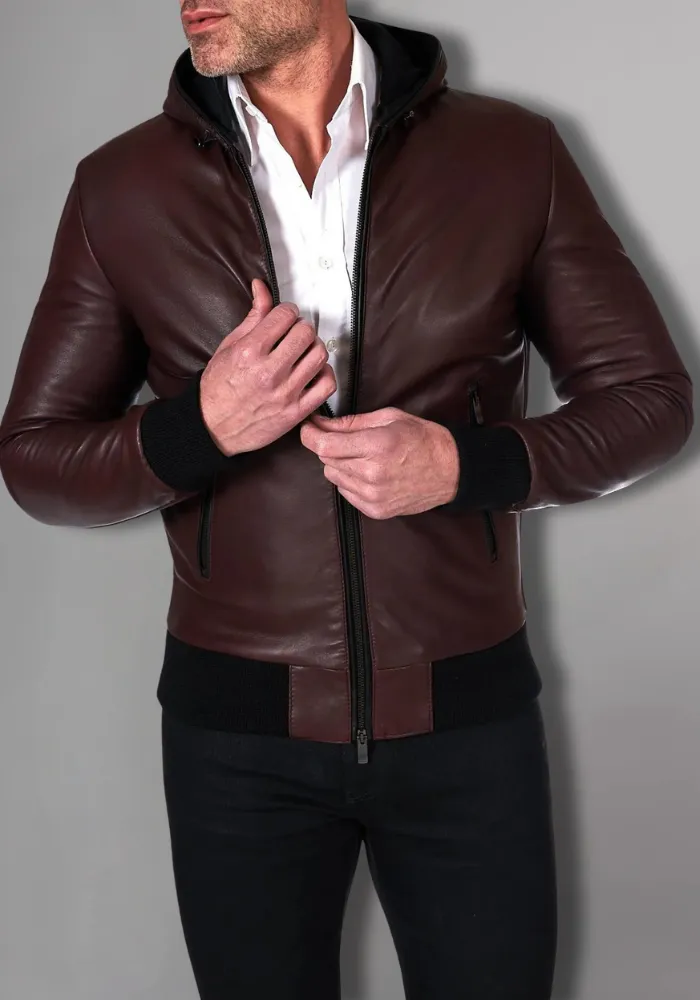 Black Hoodie Leather Biker Jacket for Men With Skull