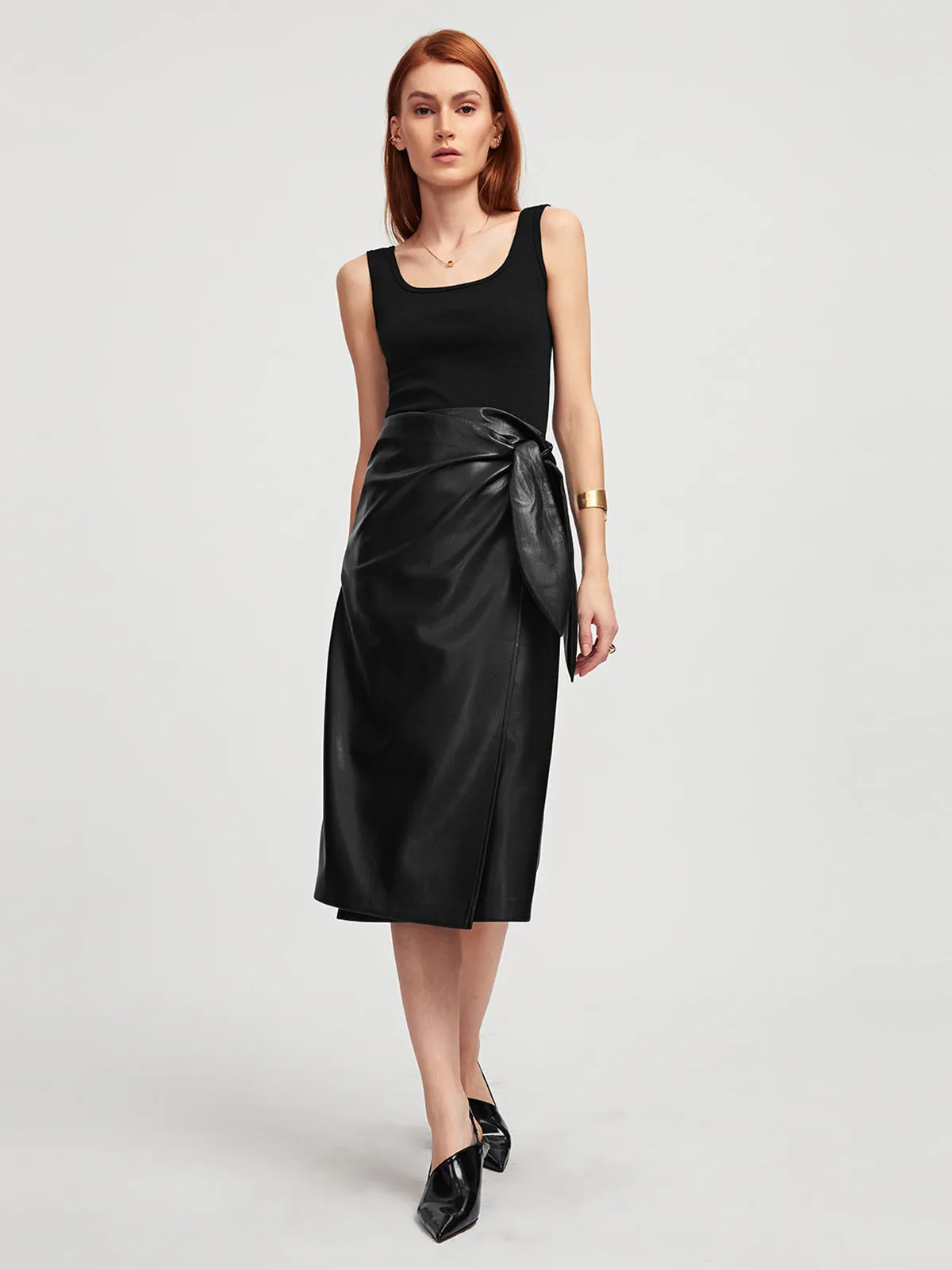 Black Long Wrap Vegan Leather Midi Skirt