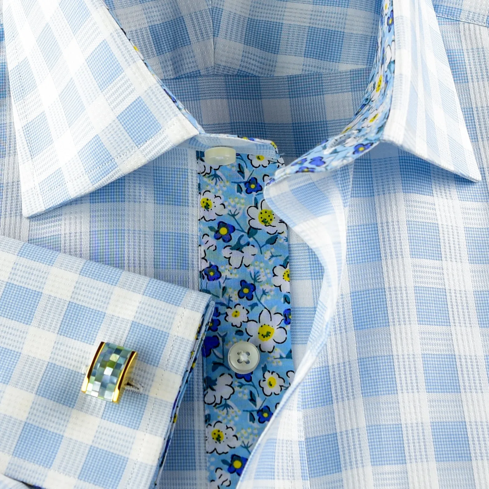 Blue Check Formal Business Dress Shirt Wih Blue Floral Inner Lining Double Cuff)