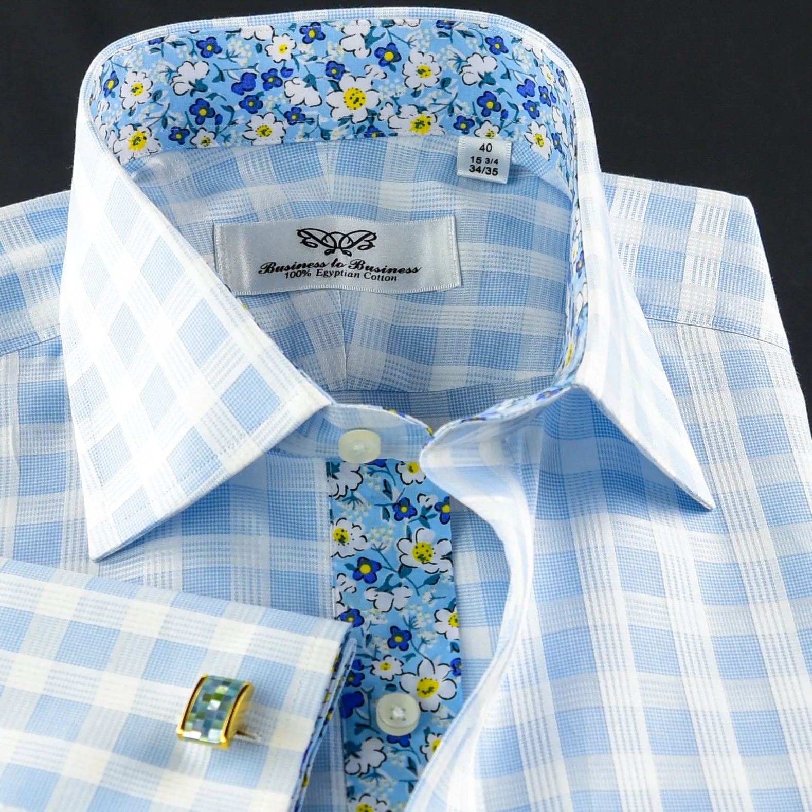 Blue Check Formal Business Dress Shirt Wih Blue Floral Inner Lining Double Cuff)