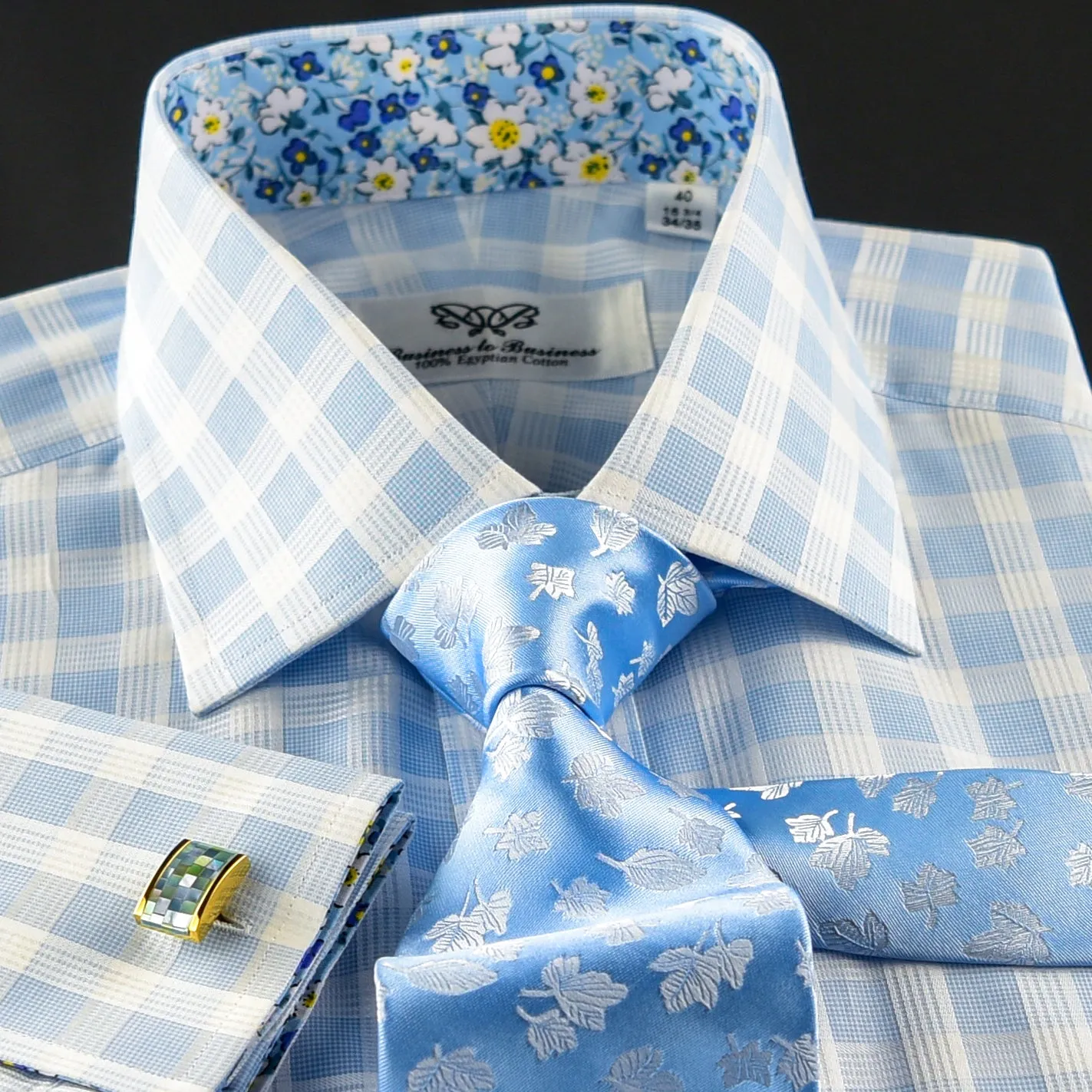 Blue Check Formal Business Dress Shirt Wih Blue Floral Inner Lining Double Cuff)