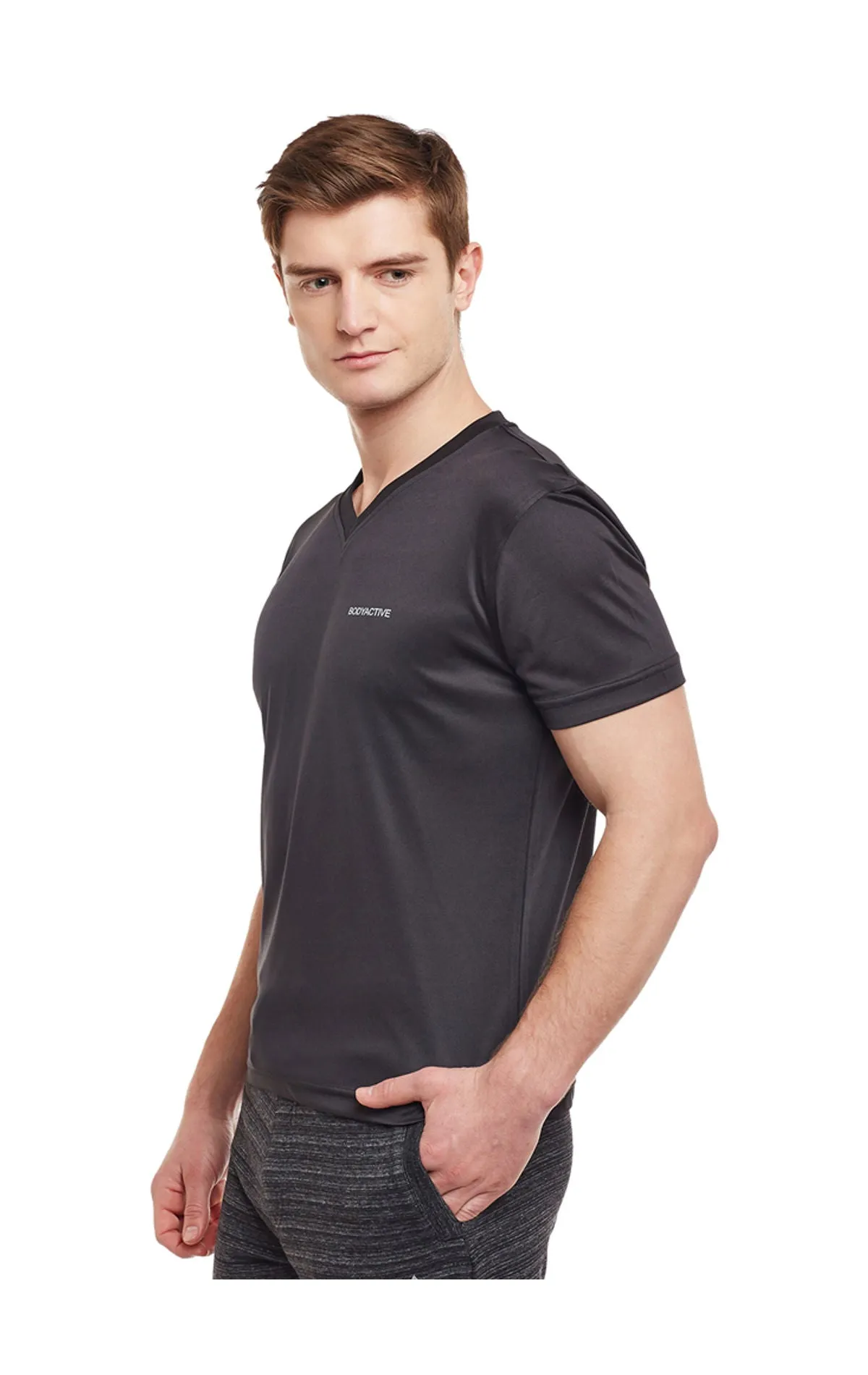 Bodyactive Men Black Dri-Fit V Neck T-Shirt-TS11-BLK