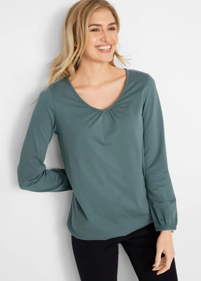 Bpc Bonprix Collection Long Sleeve Cotton Shirt with Elastic, Green