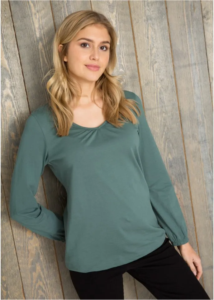 Bpc Bonprix Collection Long Sleeve Cotton Shirt with Elastic, Green