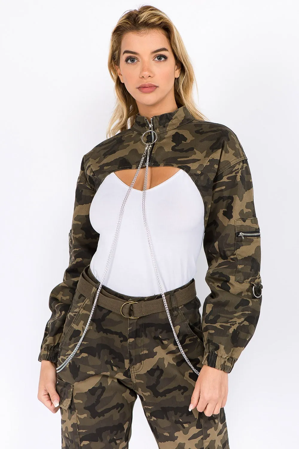 Camouflage Cropped Jacket with Chains