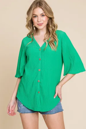 Crinkled Knit Button Up Top