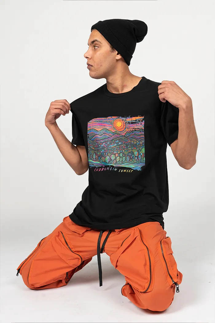 Currumbin Sunset Black Cotton Crew Neck Unisex T-Shirt