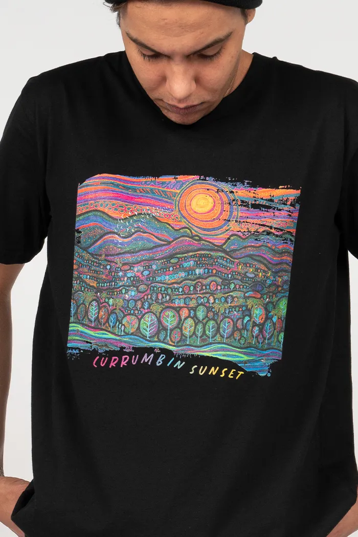 Currumbin Sunset Black Cotton Crew Neck Unisex T-Shirt