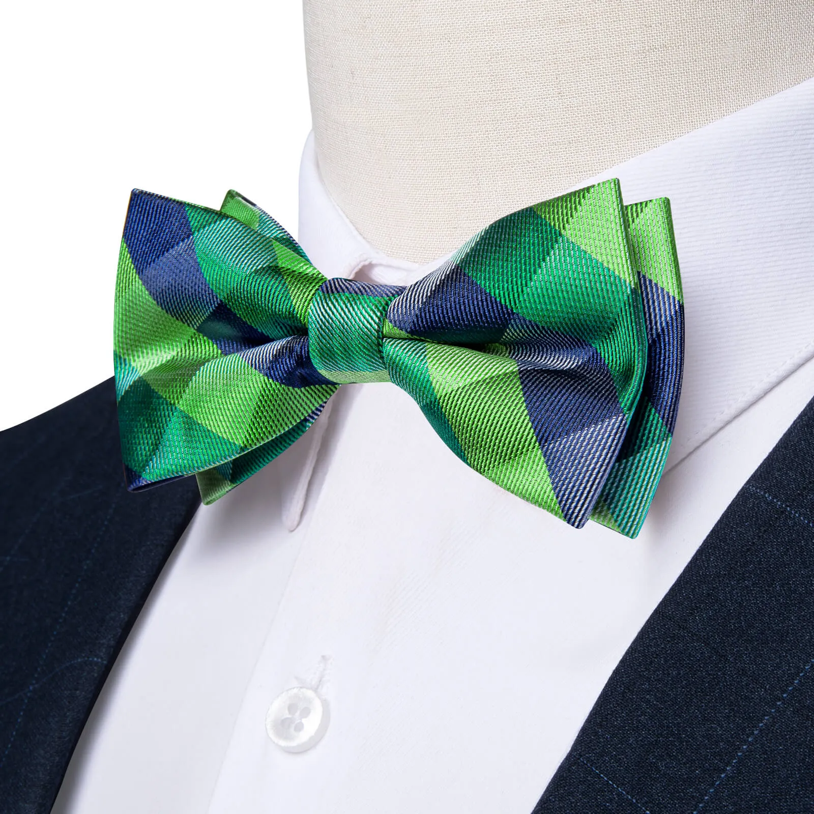 DiBanGu Kids Bow Tie Dark Green Blue Plaid Silk Pre-Bow Tie Hanky Set