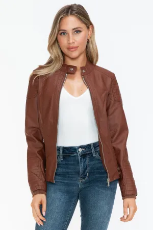 Faux Leather Biker Jacket with Side Zip Pockets