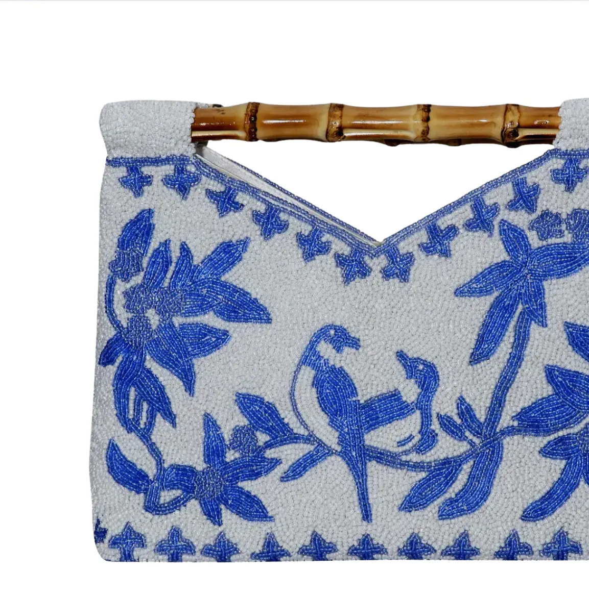 Hand beaded floral and bamboo clutch in blue and white bird pattern *preorder ships in 3 weeks*