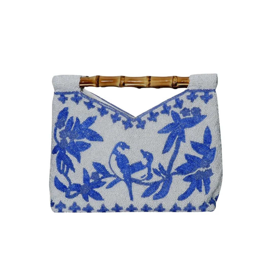 Hand beaded floral and bamboo clutch in blue and white bird pattern *preorder ships in 3 weeks*