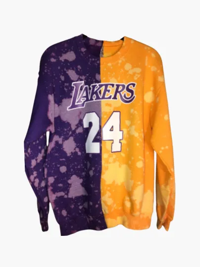 Handmade Los Angeles Lakers 24 Bleached Half and Half Purple Yellow Crew Sweatshirt