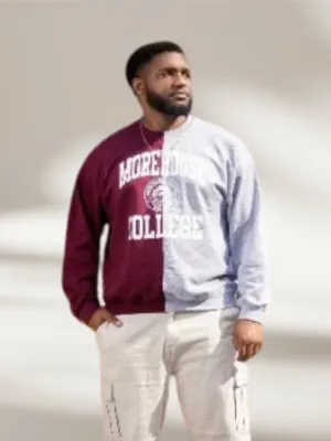 Handmade Morehouse College w/ Seal Maroon and Grey Hand Bleached Half and Half Crewneck Sweatshirt