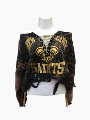 Handmade New Orleans Saints Black Gold Hand Bleached Lace Up Sweatshirt