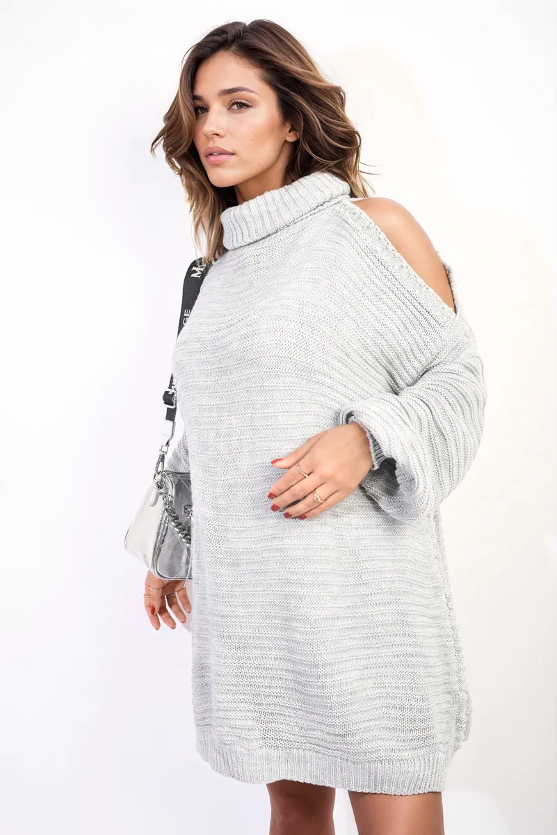 High Neck Oversized Open Shoulder Long Sleeve Knitted Jumper