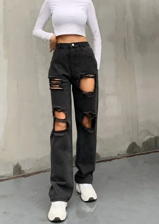 High Rise Relaxed Straight Baggy Distressed Denim Jeans