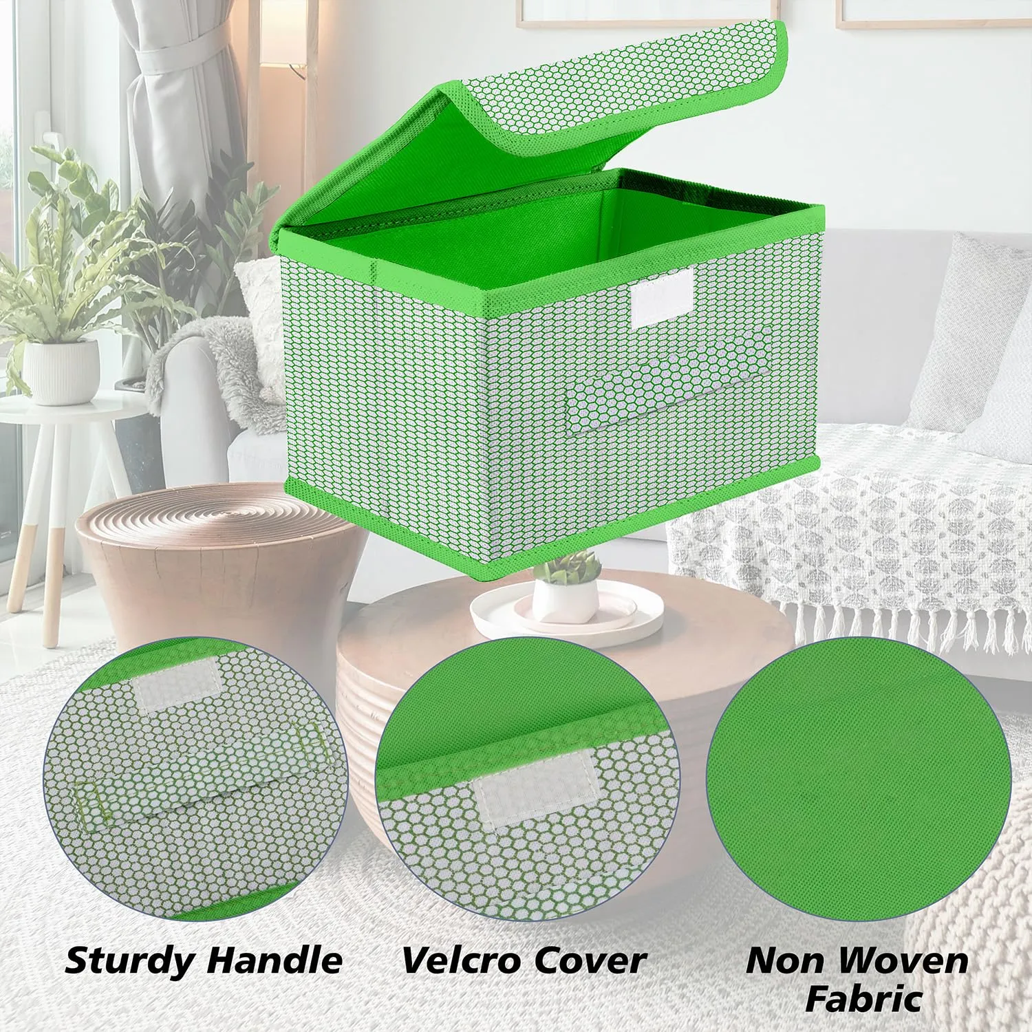 Kuber Industries Drawer Storage Box | Foldable Dhakkan Storage Box | Non-Woven Clothes Organizer For Toys | Storage Box with Handle | Large | Pack of 3 | Green & Gray