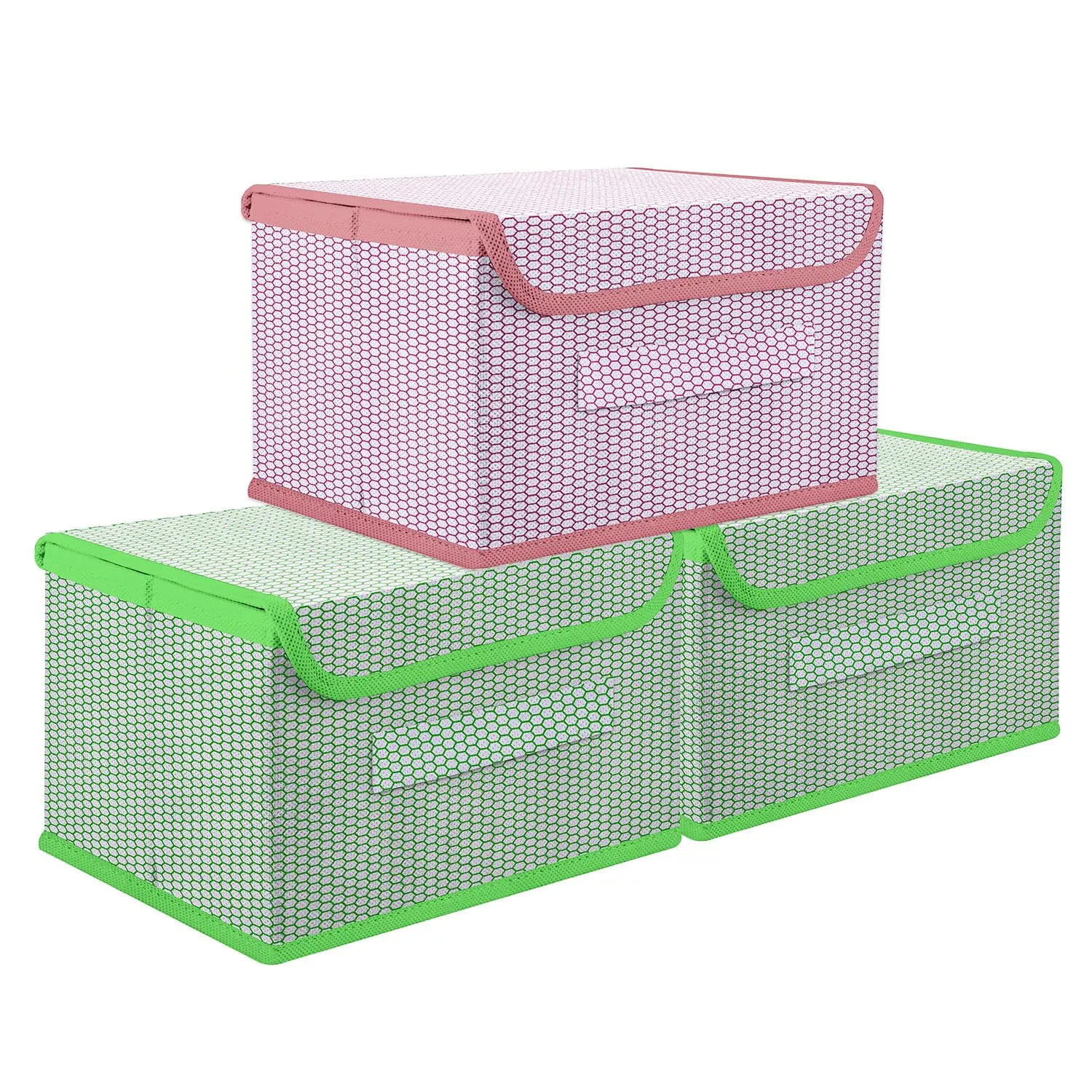 Kuber Industries Drawer Storage Box | Foldable Dhakkan Storage Box | Non-Woven Clothes Organizer For Toys | Storage Box with Handle | Medium | Pack of 3 | Green & Pink