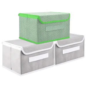 Kuber Industries Drawer Storage Box | Foldable Dhakkan Storage Box | Non-Woven Clothes Organizer For Toys | Storage Box with Handle | Small | Pack of 3 | Green & Gray