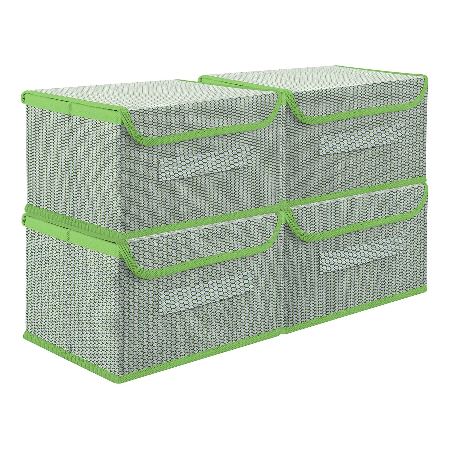 Kuber Industries Drawer Storage Box | Zig Zag Dhakkan Storage Box | Non-Woven Clothes Organizer For Toys | Storage Box with Handle | Large | Pack of 4 | Green