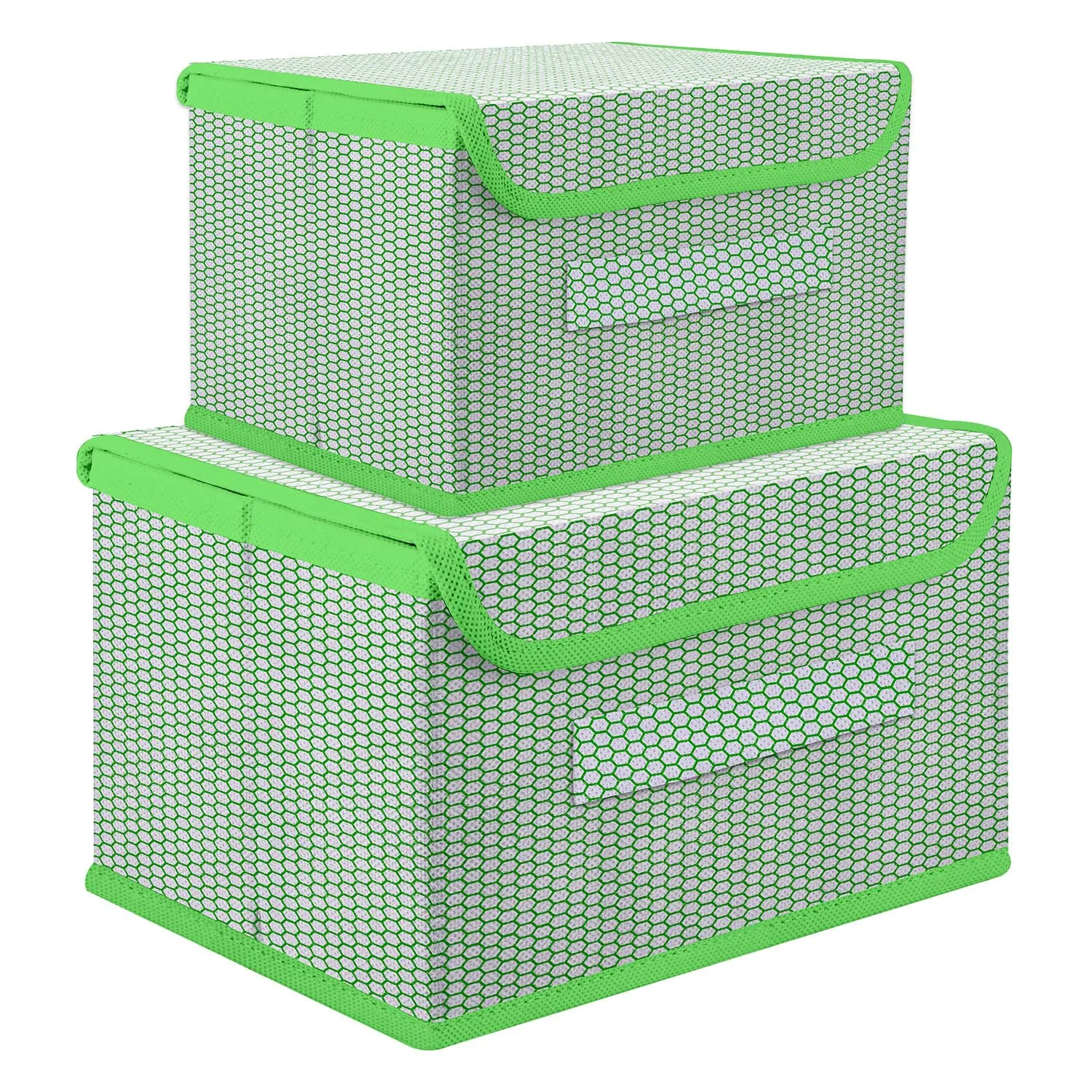 Kuber Industries Drawer Storage Box | Zig Zag Dhakkan Storage Box | Non-Woven Clothes Organizer | Storage Box with Handle | S | M | Pack of 2 | Green