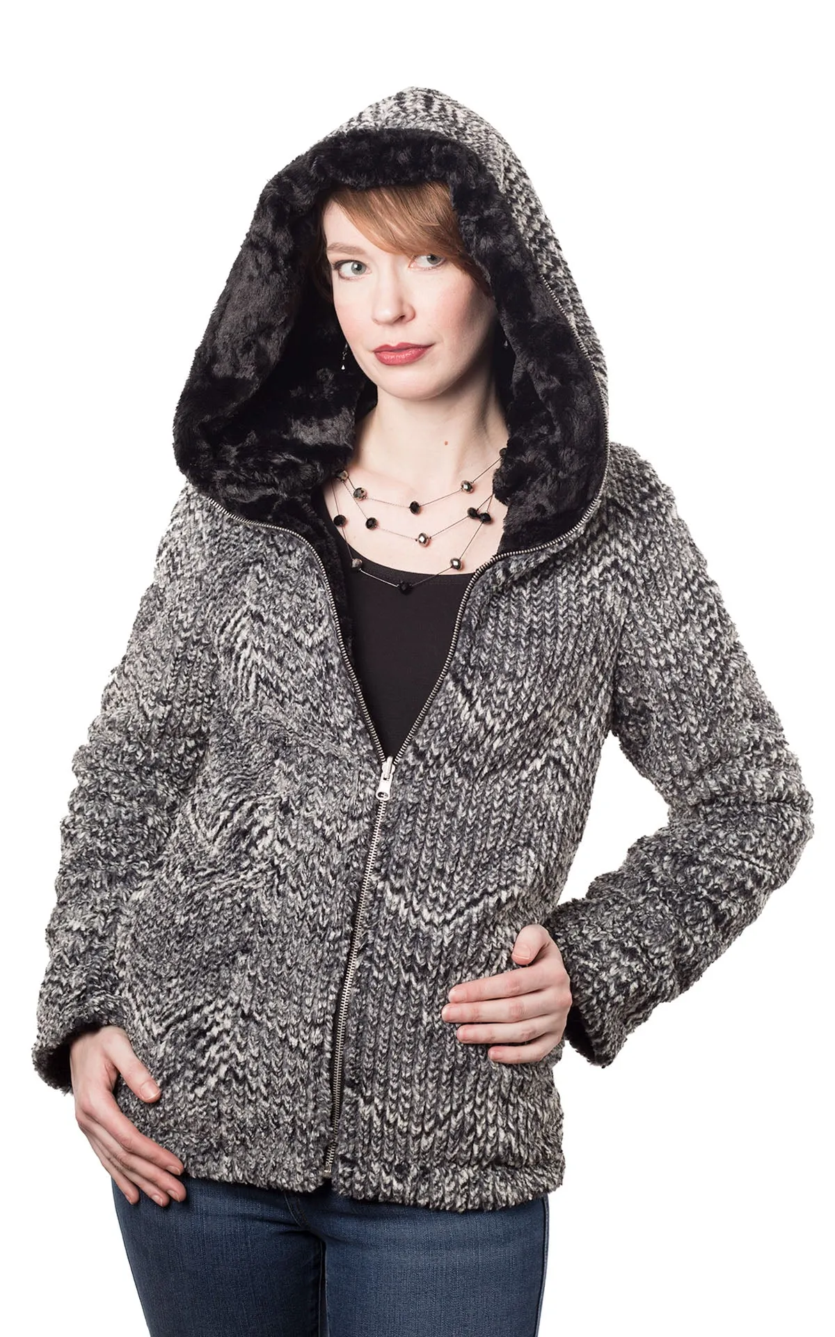 Loren Coat, Reversible - Cozy Cable in Ash Faux Fur with Cuddly Fur in Black (Sold Out!)