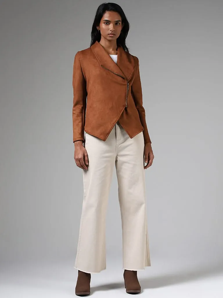 LOV Tan Brown Asymmetrical Zipper Suede Jacket