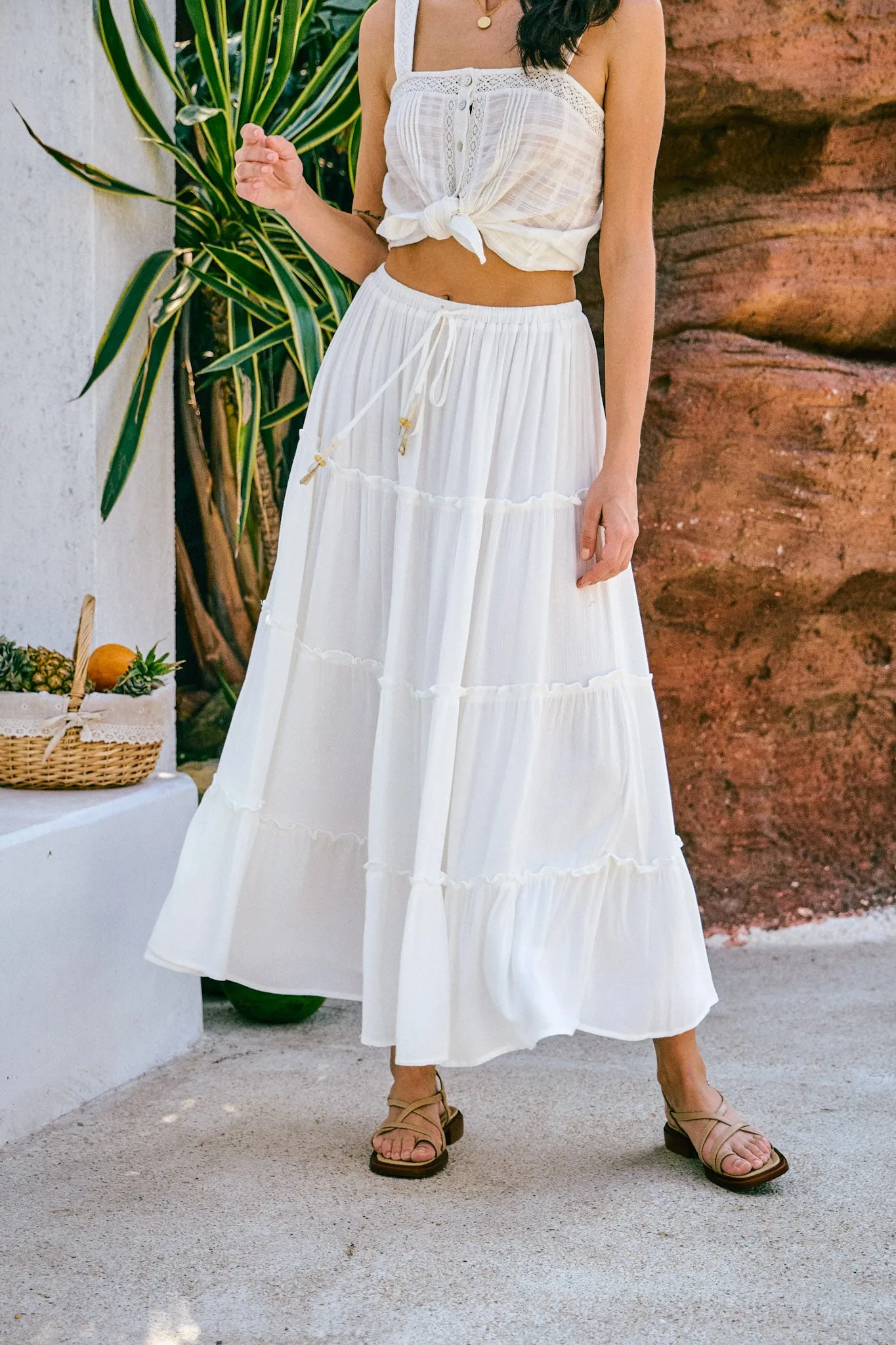 Marina White Seashell Tiered Maxi Skirt