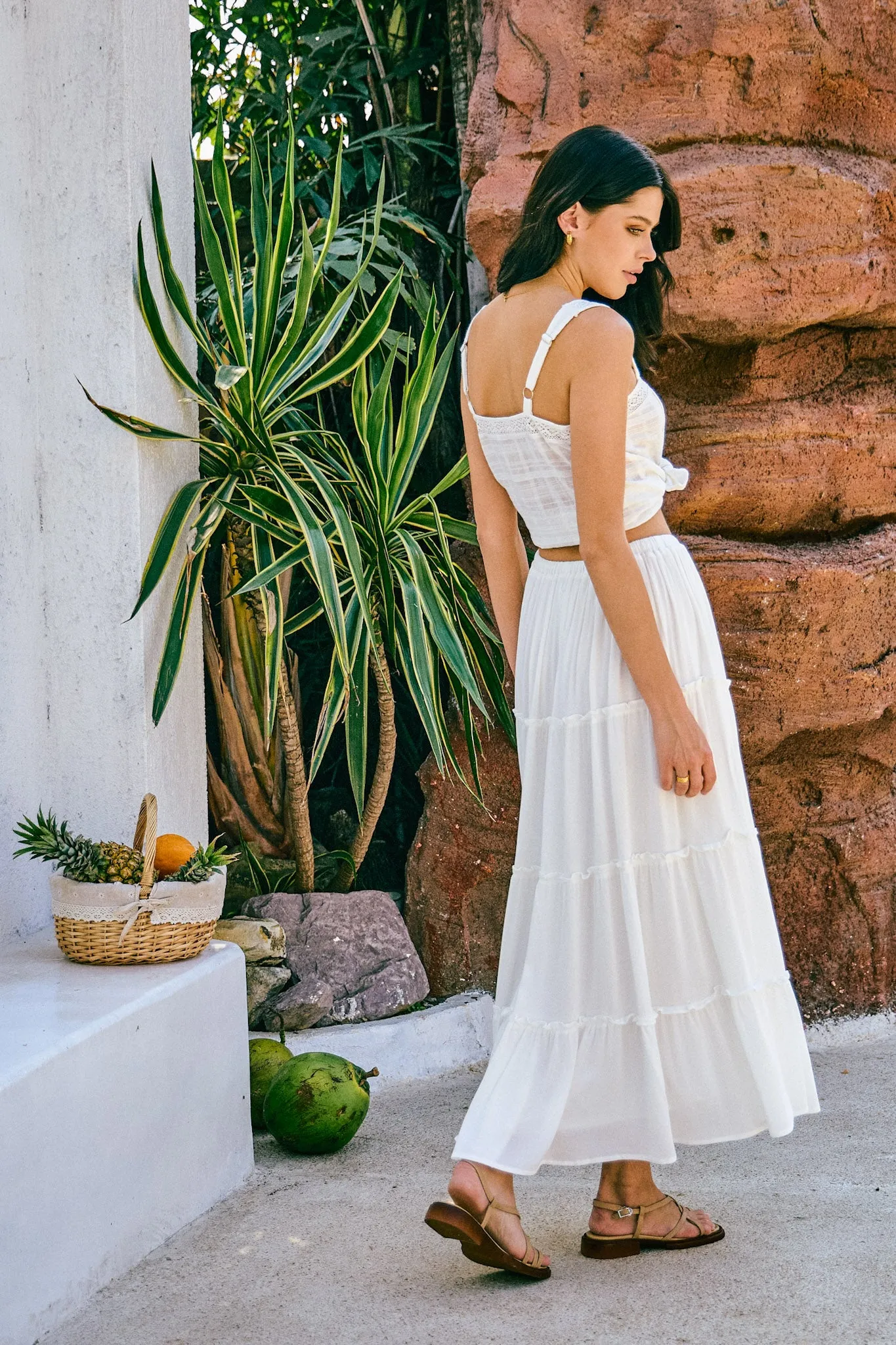 Marina White Seashell Tiered Maxi Skirt