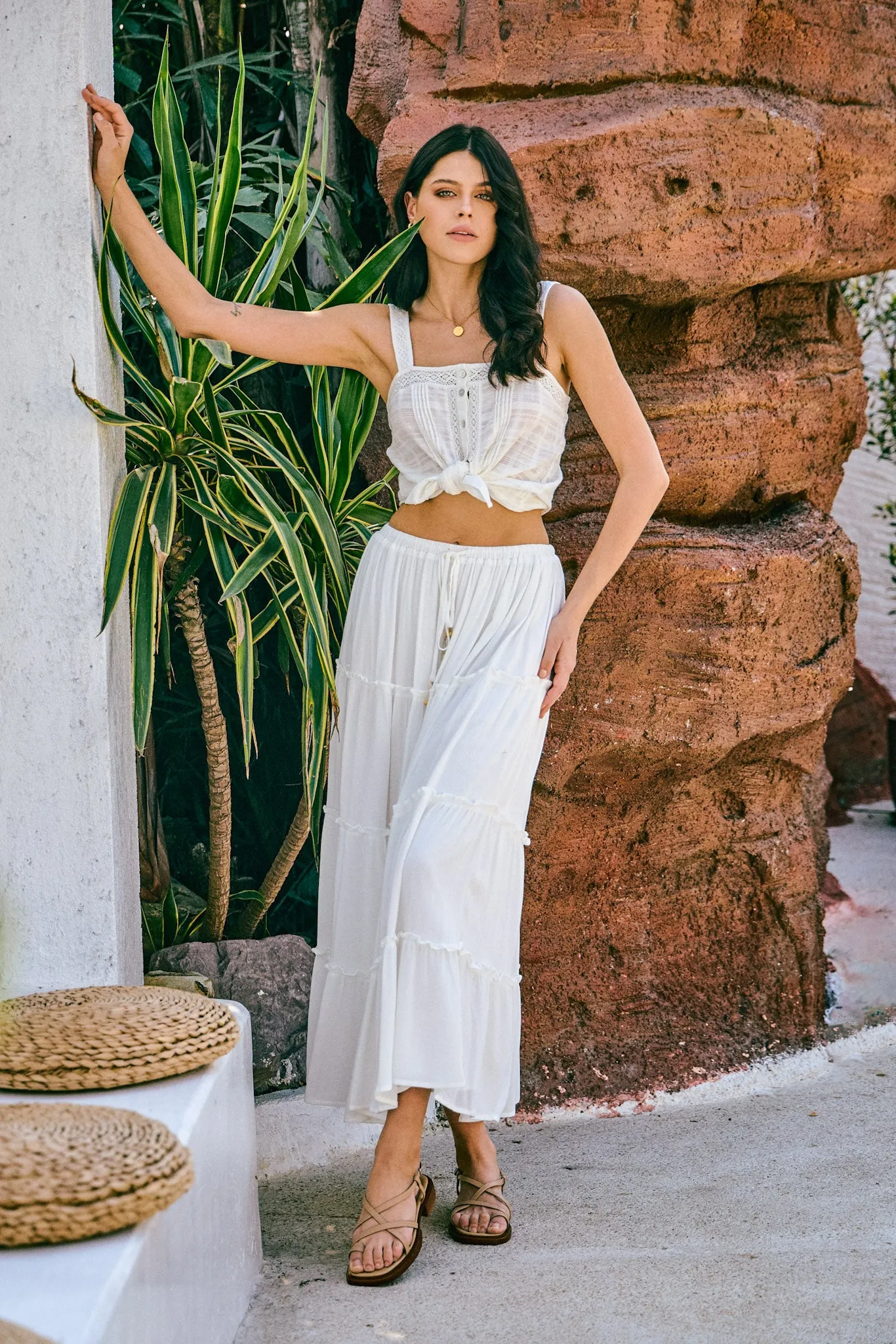 Marina White Seashell Tiered Maxi Skirt