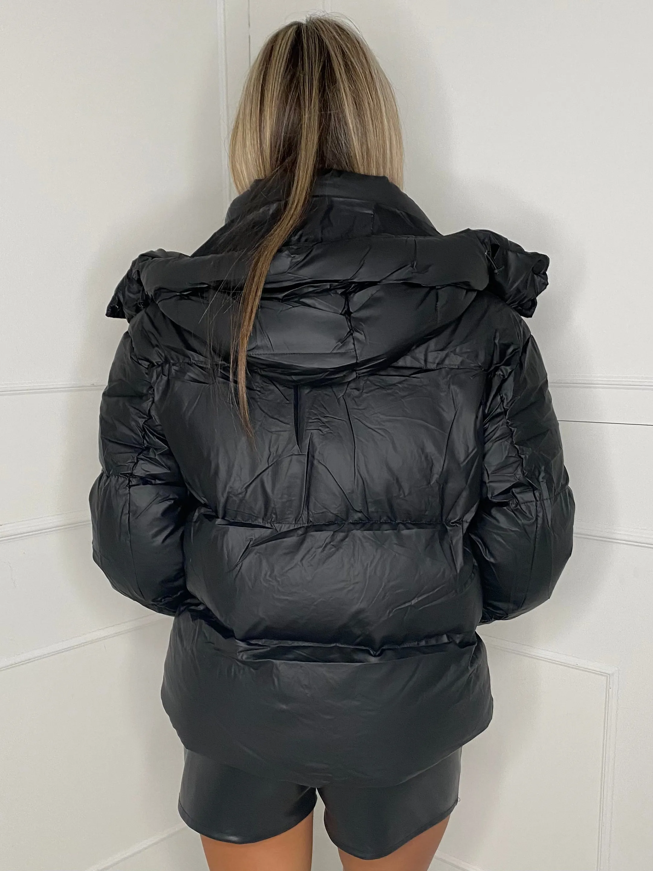 Matte PU Oversized Puffer Coat - Black