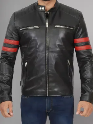 Mens Red Striped Black Leather Jacket