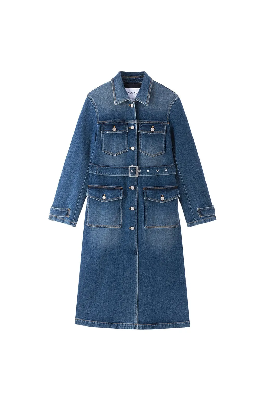 Retro Blue Belted Cargo Style Denim Coat