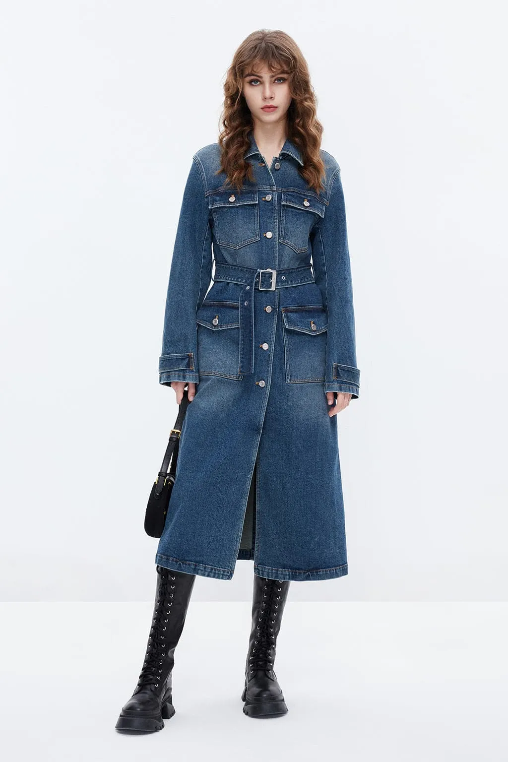 Retro Blue Belted Cargo Style Denim Coat