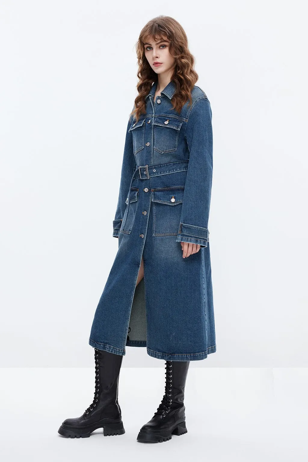 Retro Blue Belted Cargo Style Denim Coat