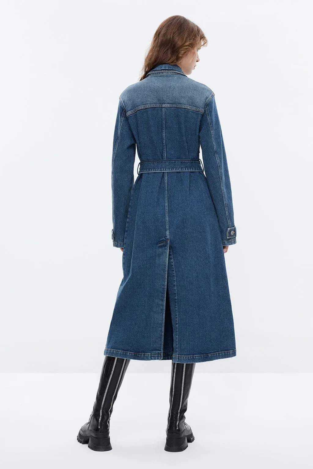 Retro Blue Belted Cargo Style Denim Coat