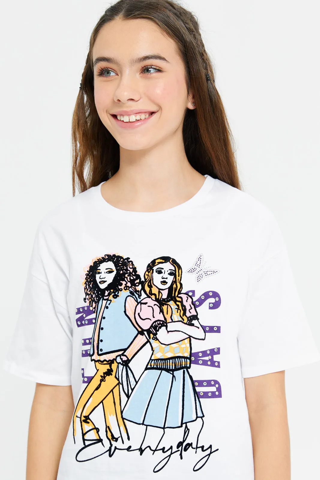 Senior Girls White Girly Print Oversize With Rhinestone T-Shirt