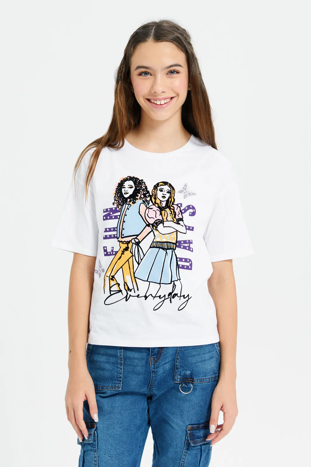 Senior Girls White Girly Print Oversize With Rhinestone T-Shirt