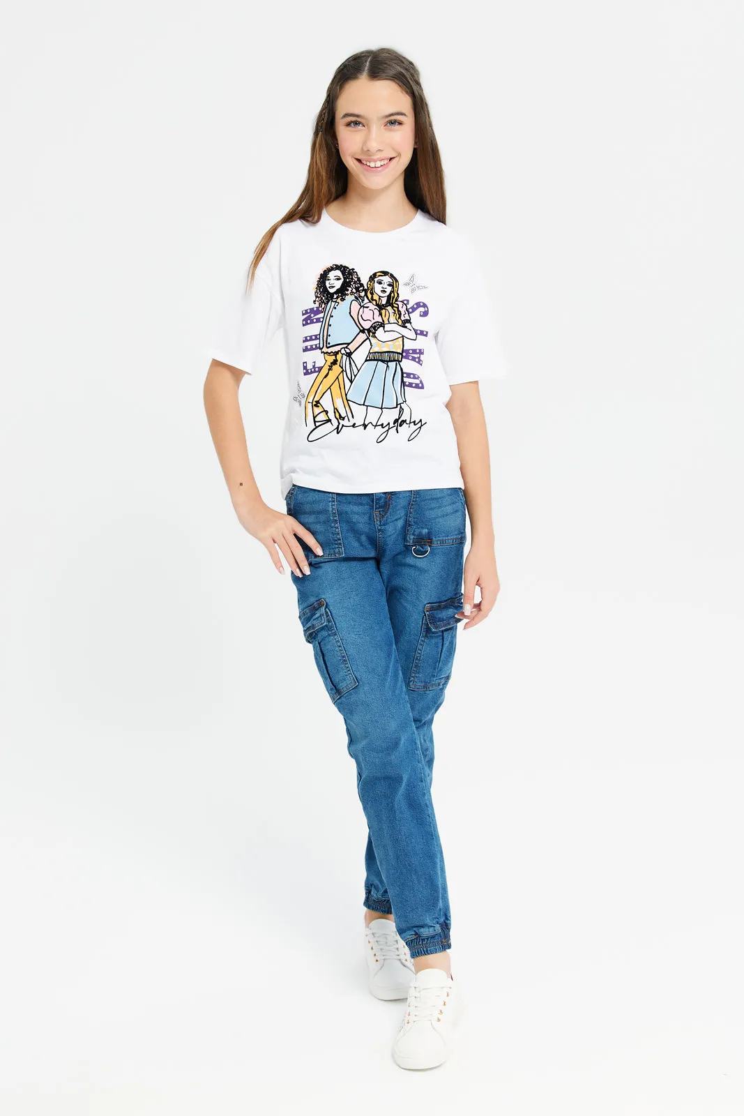 Senior Girls White Girly Print Oversize With Rhinestone T-Shirt