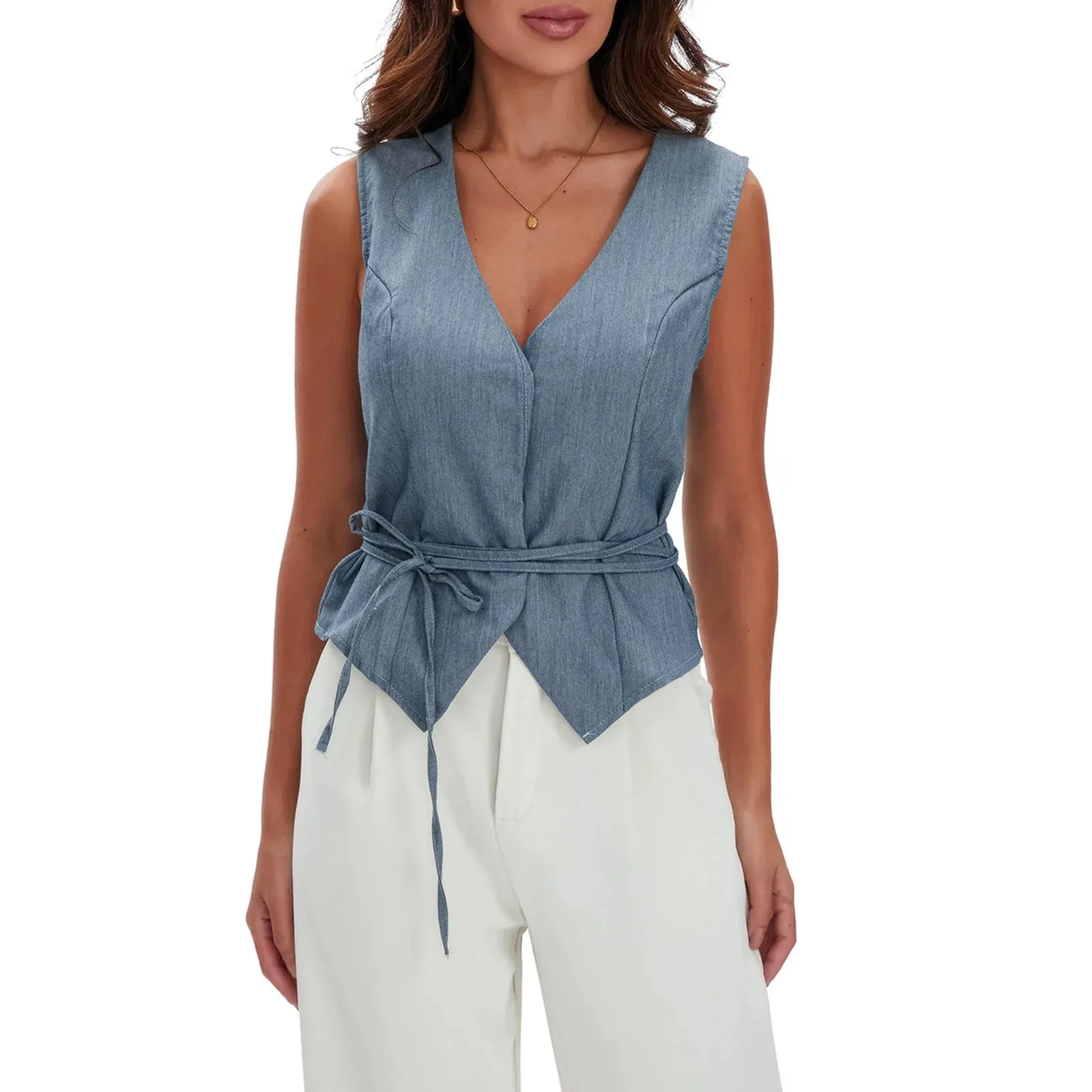 Solid Color Sleeveless V-Neck Tie-Up Vest Slim Fit Button Tank Office Lady Crop Fashion Top