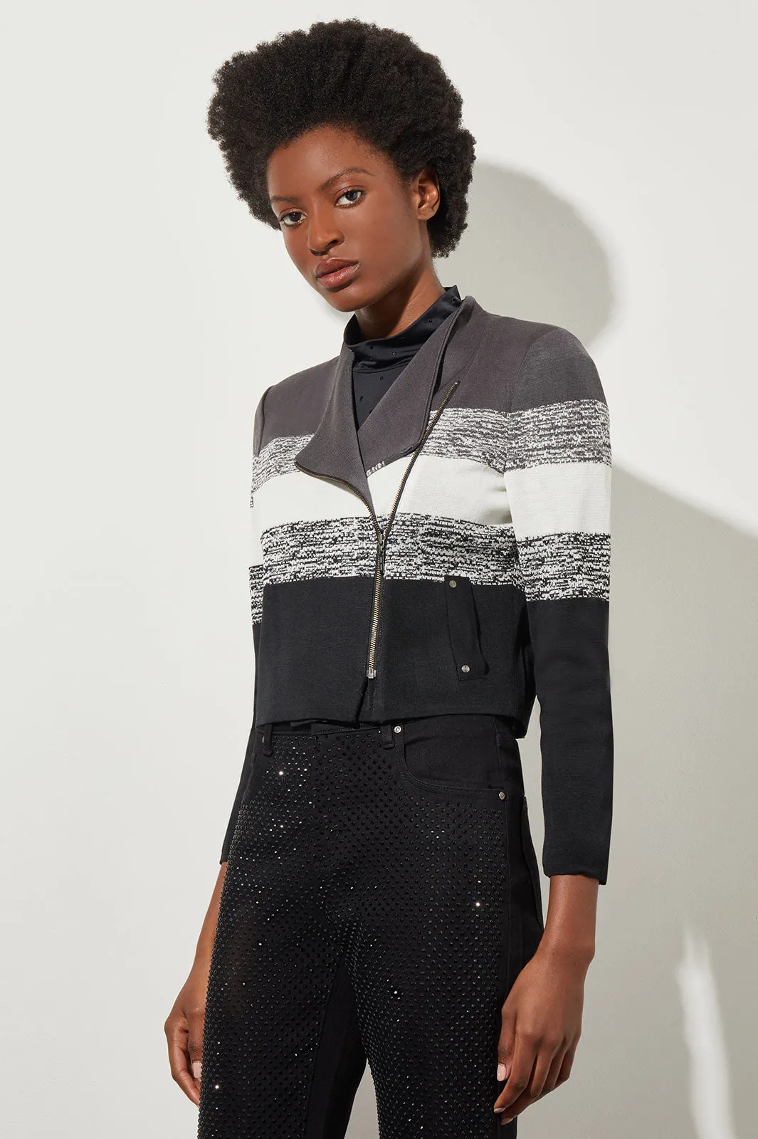 Tailored Moto Jacket - Zip-Front Stripe Knit