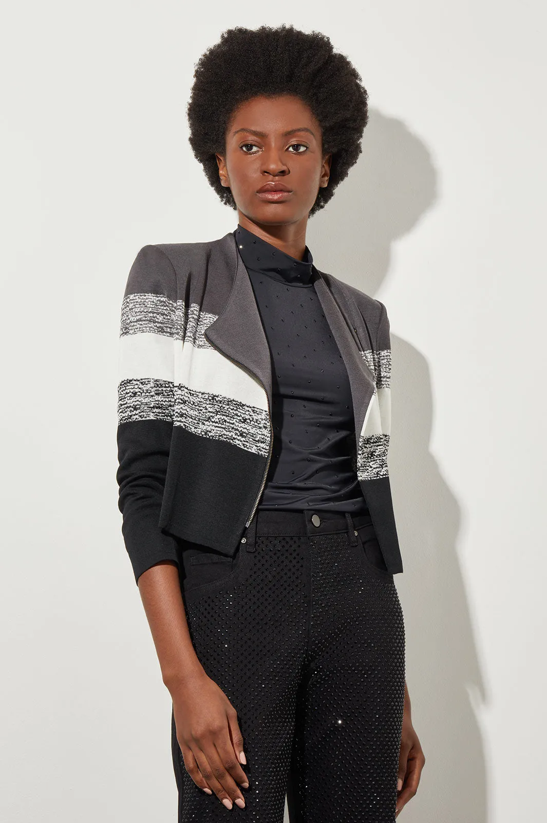 Tailored Moto Jacket - Zip-Front Stripe Knit